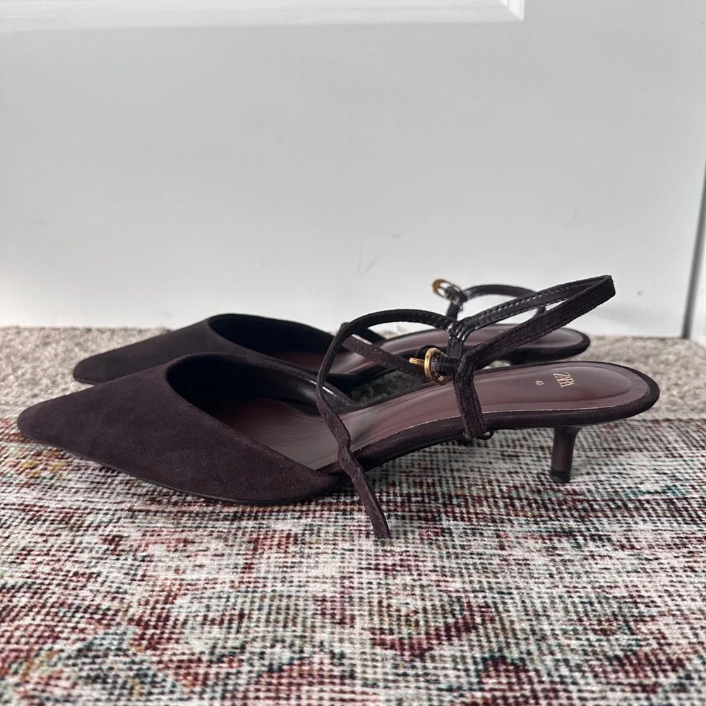 NWT Zara Chocolate Brown Suede Pointed Kitten Heels - Picture 4 of 6